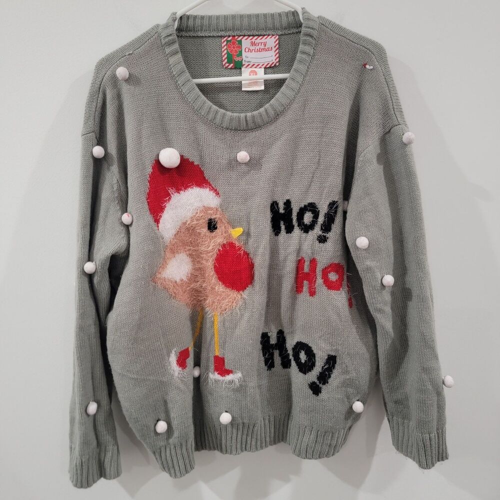 Womens Ugly Christmas Sweater Size XL Chicken Ho Ho Ho Pom Pom